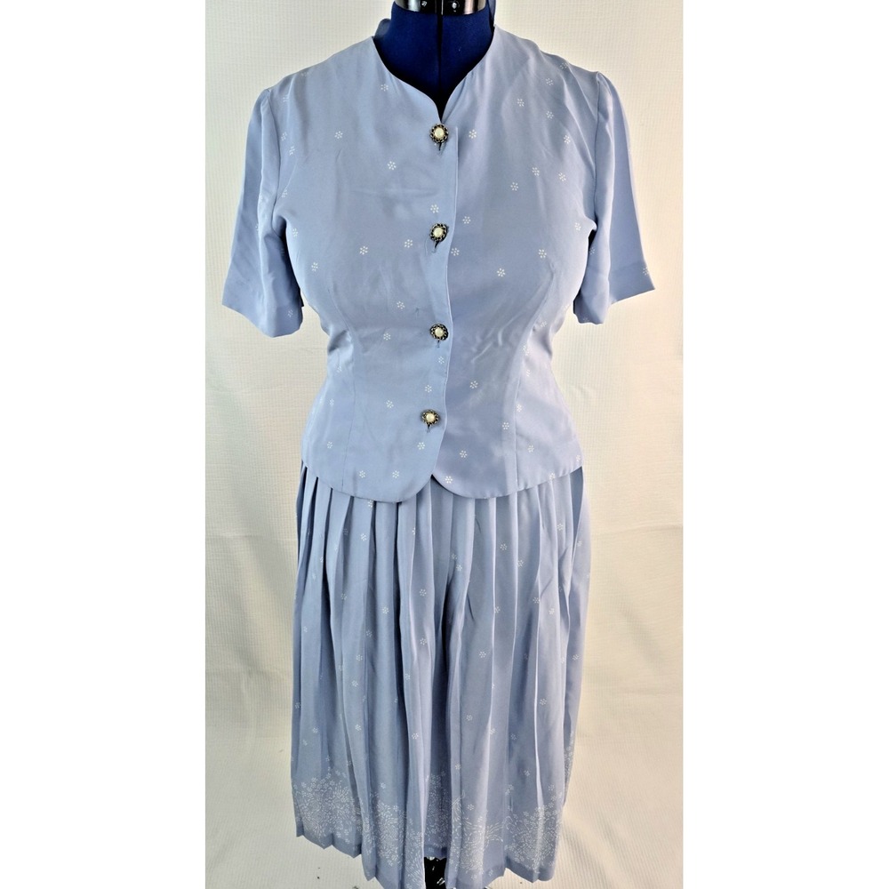 Leslie Fay women's Blue 2 Piece Top Blouse Pleated Skirt Separates size 10